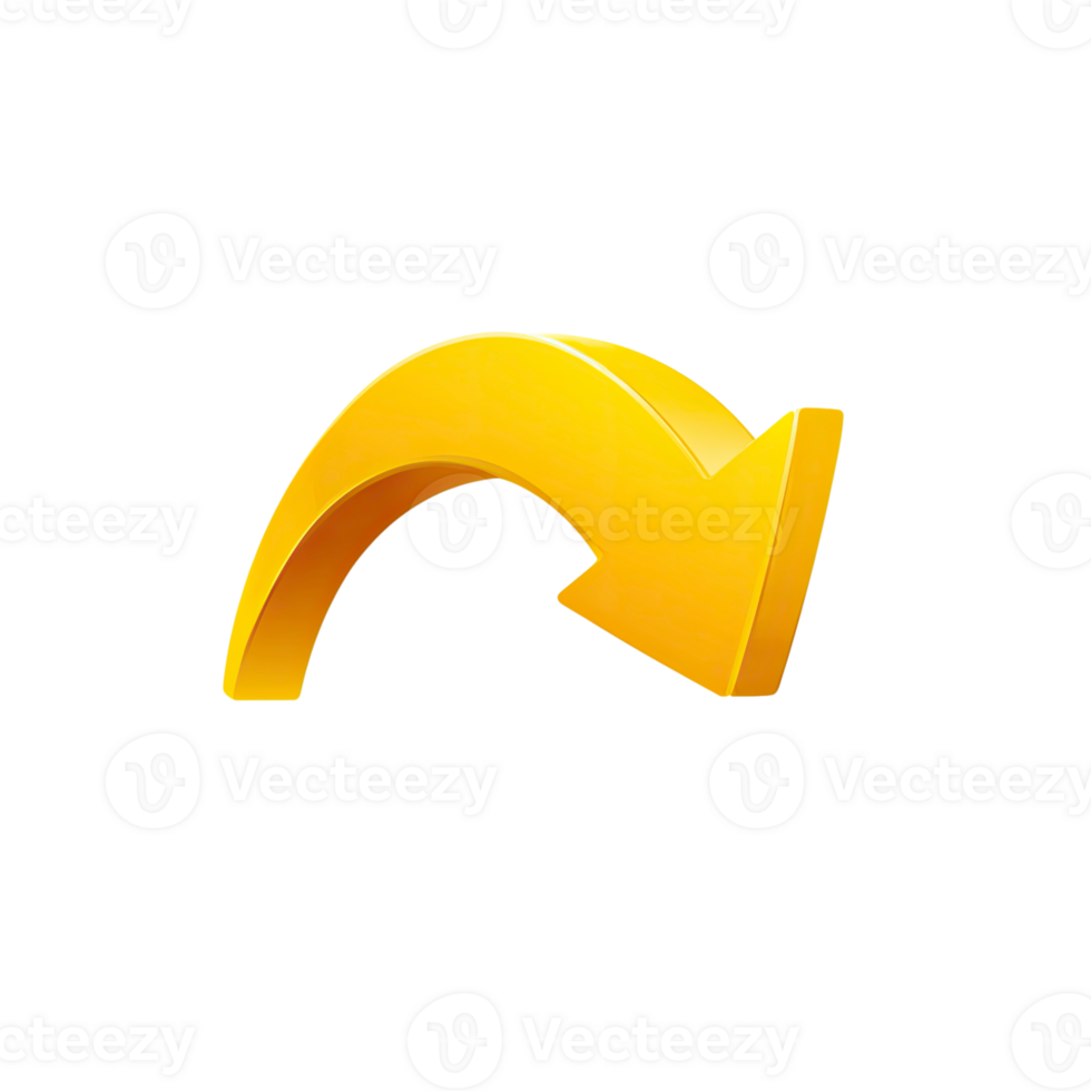 Curved yellow arrow icon pointing left in a three dimensional rendering style isolated on transparent background png