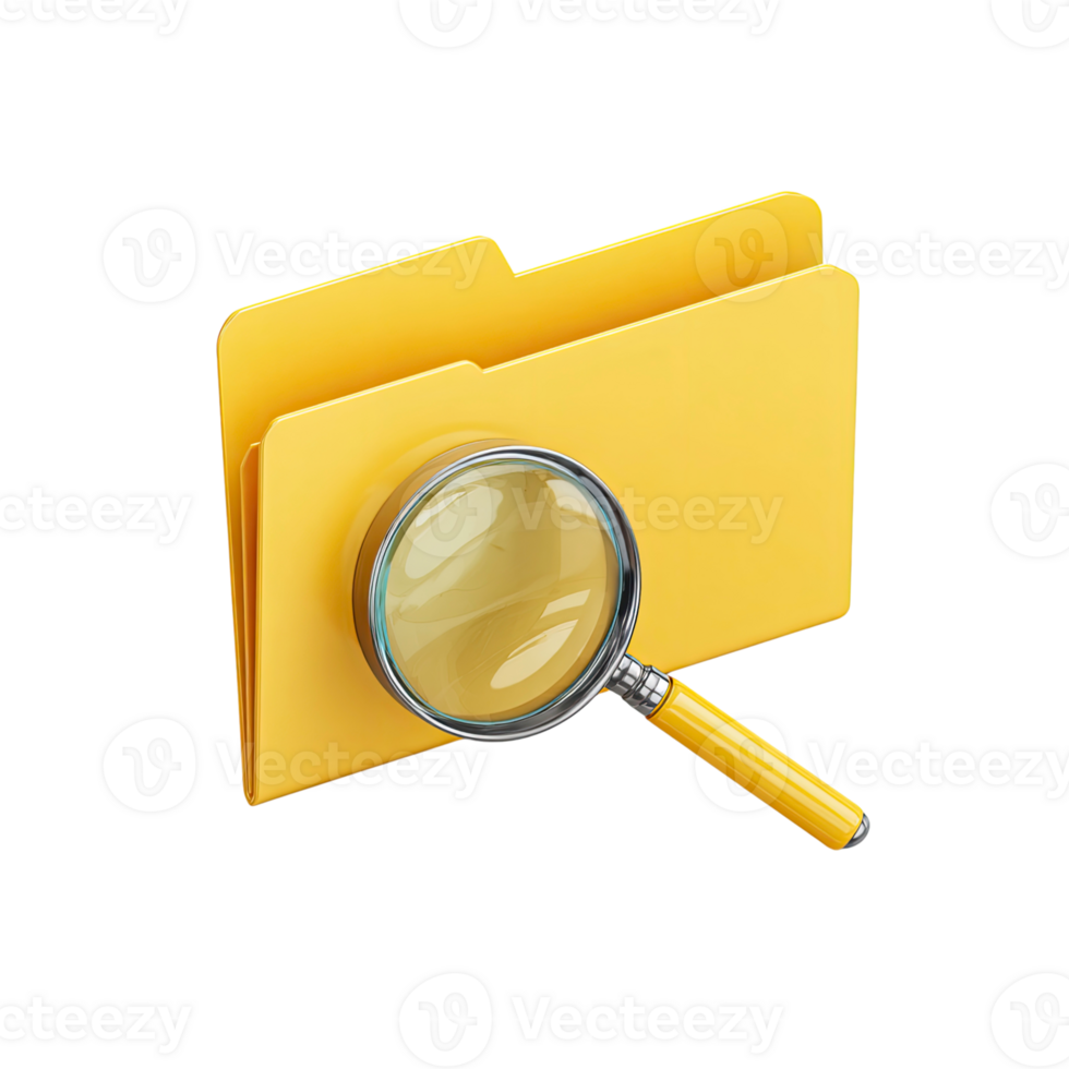 Yellow folder with a magnifying glass representing data search and information retrieval isolated on transparent background png