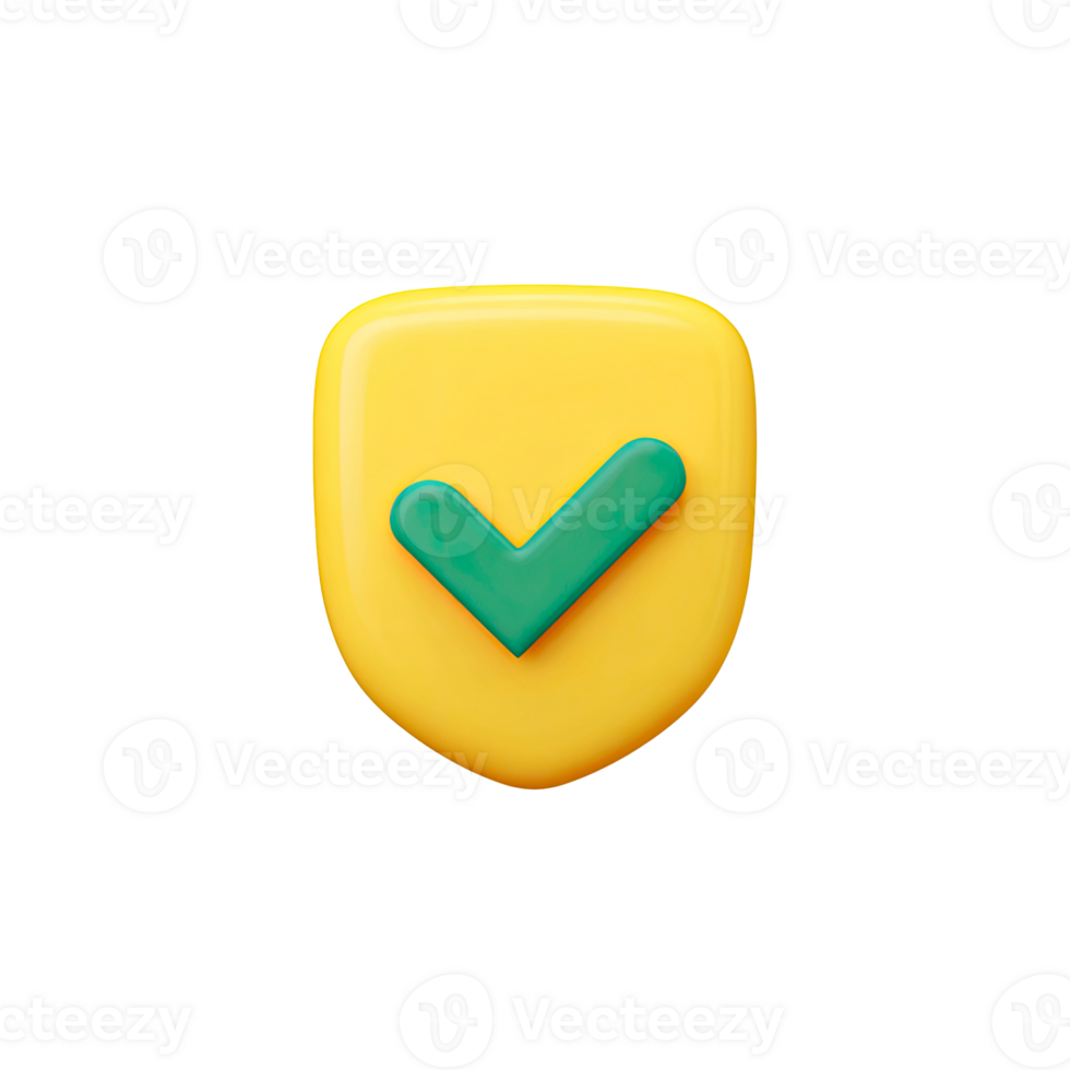 3D yellow shield icon with a green checkmark for security and verification isolated on transparent background png