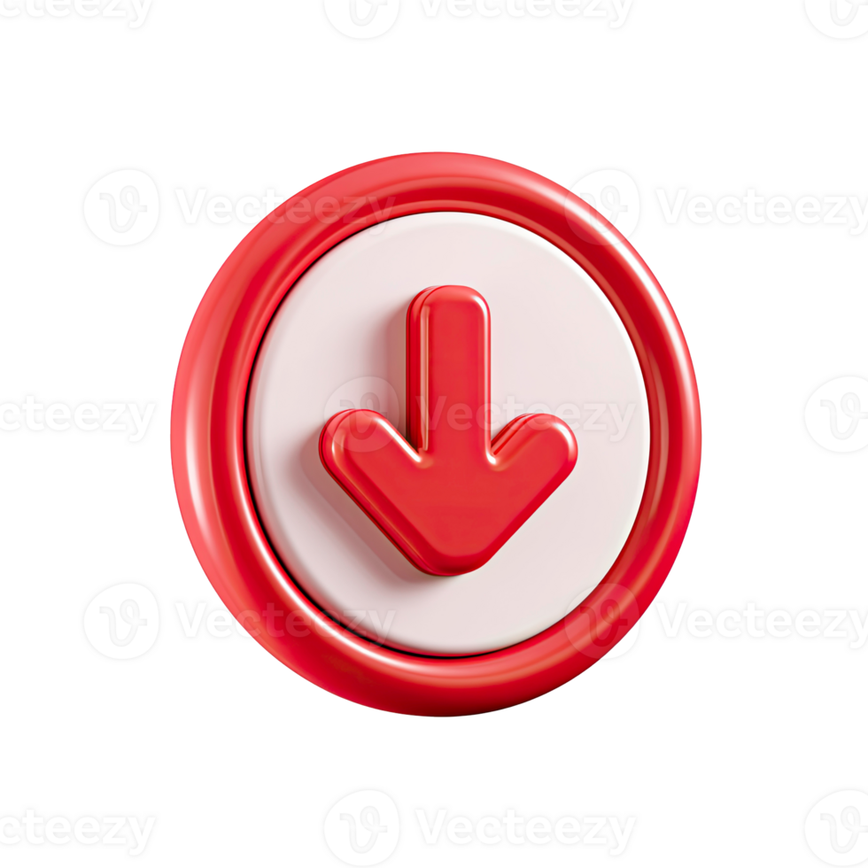 Glossy red 3D arrow pointing down in a circular button for digital content isolated on transparent background png