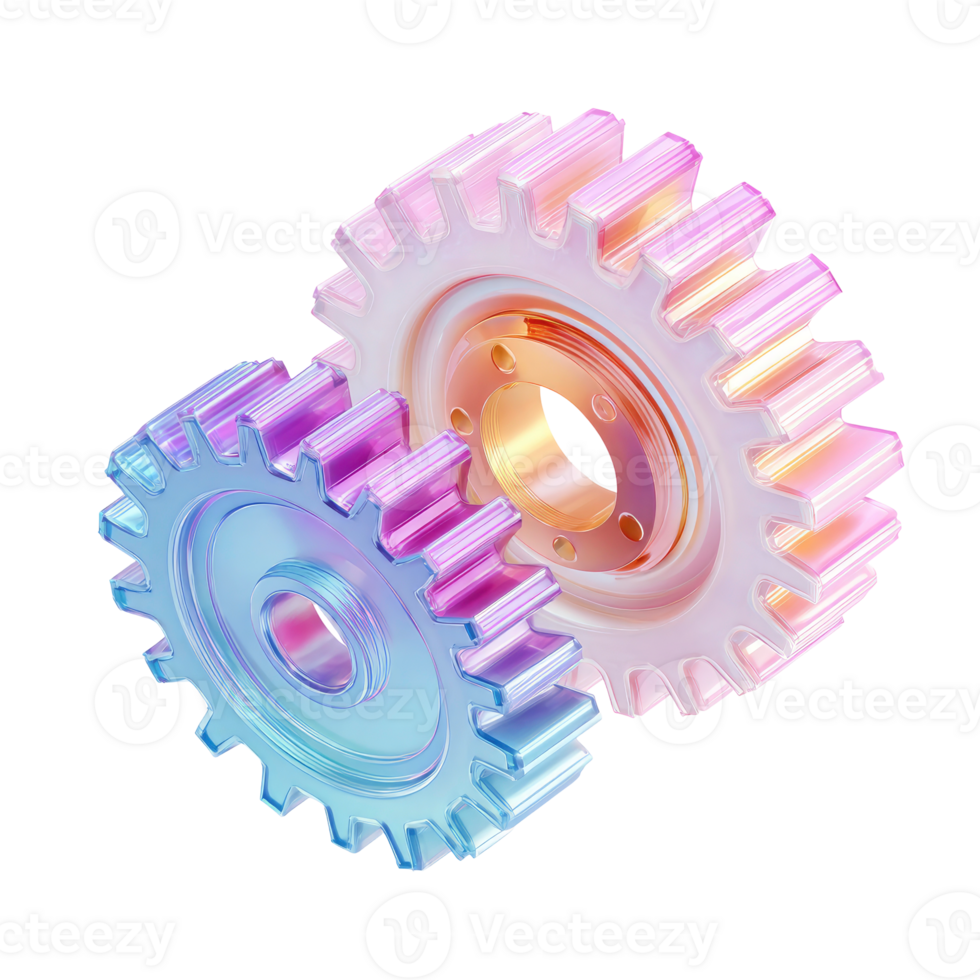 dos enclavamiento iridiscente engranajes representando colaboración y mecánico proceso aislado en transparente antecedentes png
