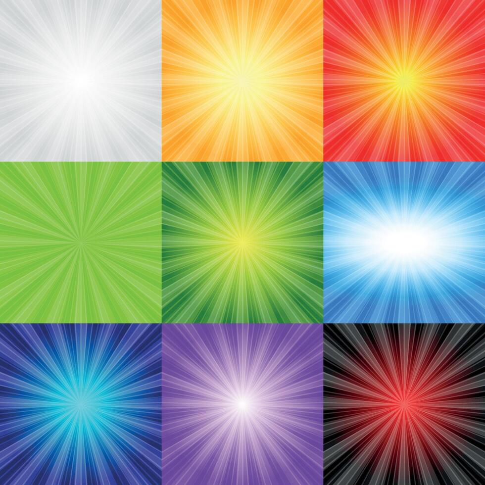 The Sun and Rays pattern collection. A set of sunny abstract backgrounds. Bright, explosive backgrounds in yellow, red, orange, green vector
