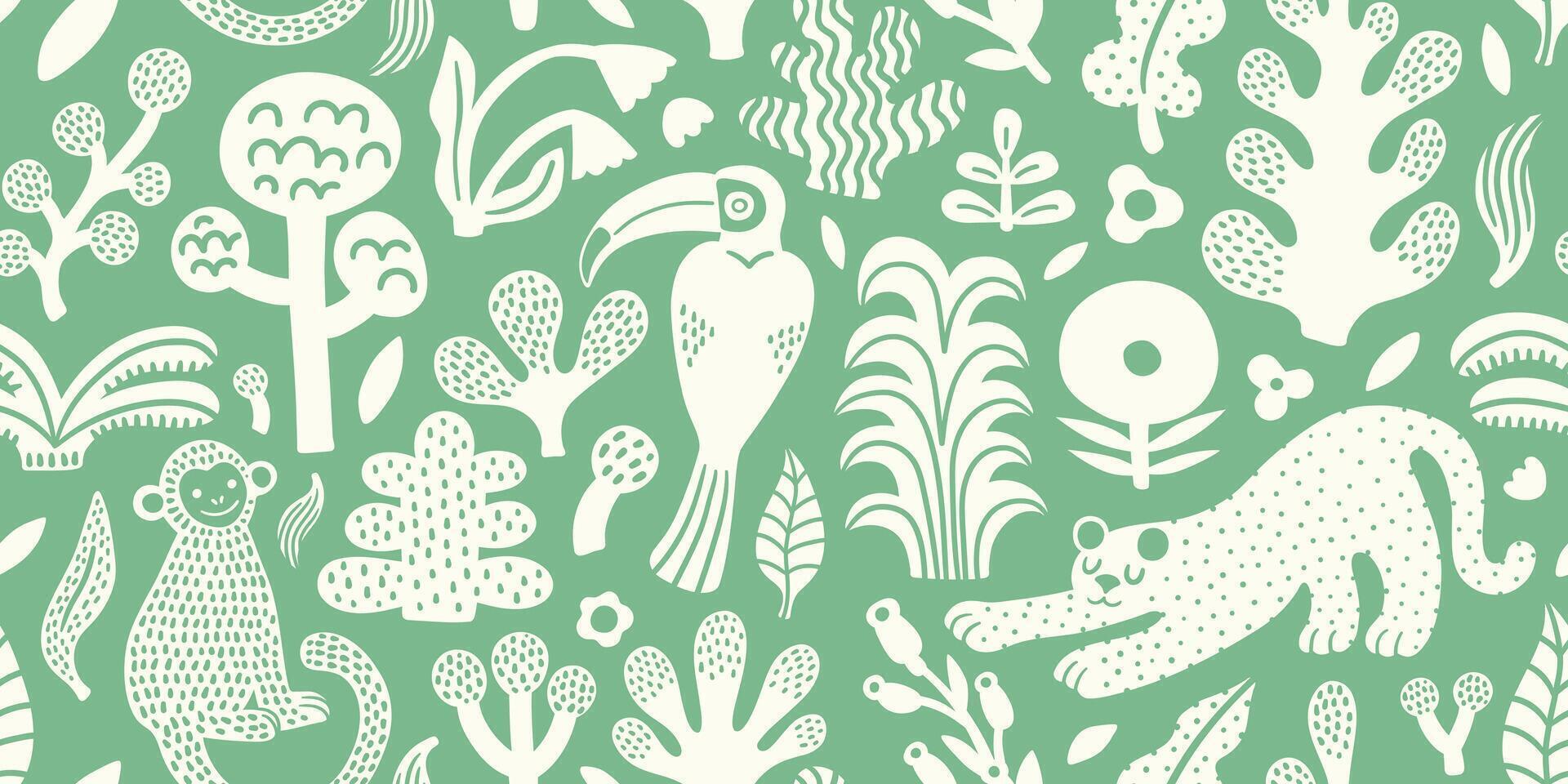 Seamless jungle tropical abstract pattern with palm tree, leaves, leopard, toucan, monkey. Summer texture illustration. Green background, white objects. Monochrome surface pattern design. vector