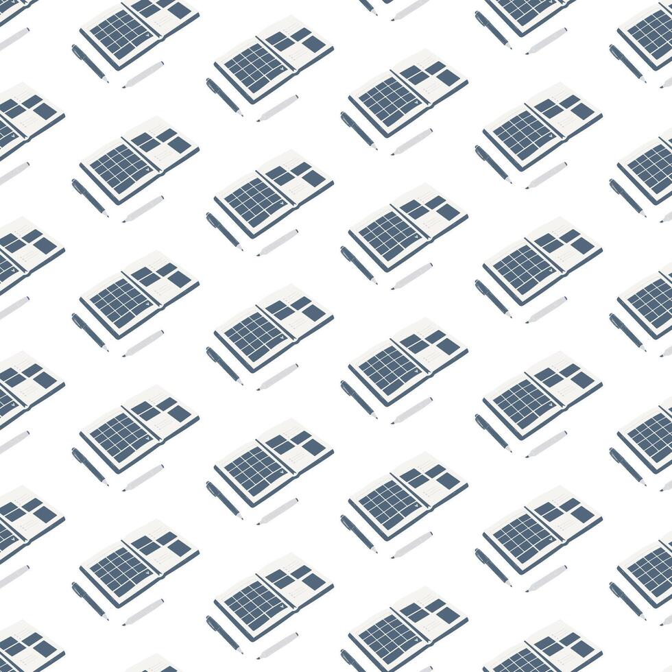 A clean, minimal seamless pattern featuring an isometric grid of open notebooks in navy and cream tones. vector