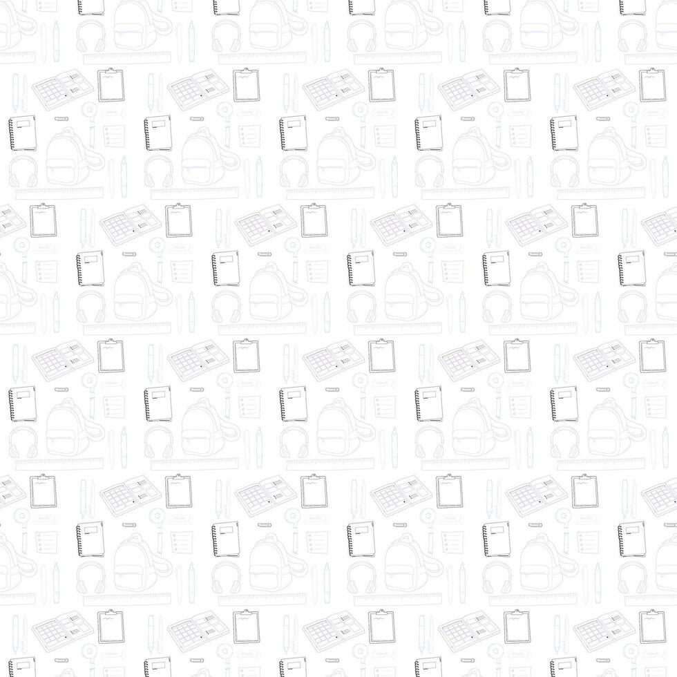 A faint, delicate seamless pattern featuring line art outlines of various lifestyle and work tools like keyboards and backpacks on a white background. vector