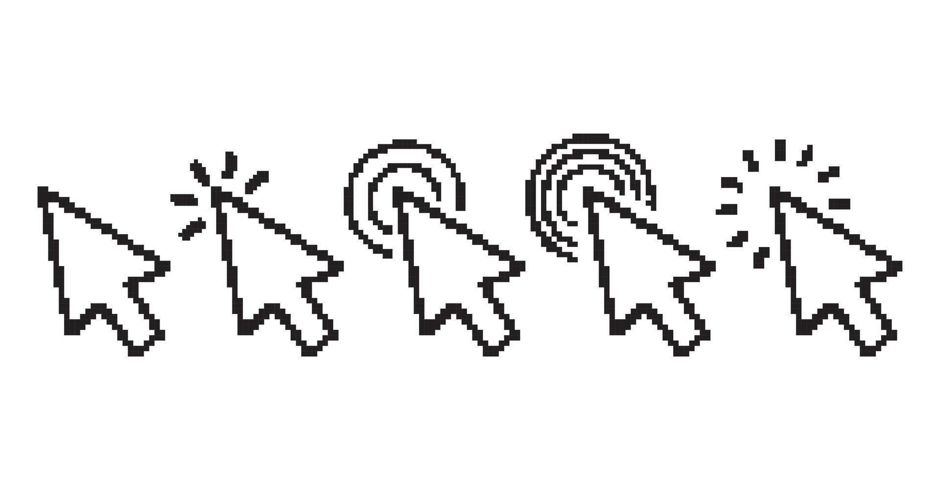 Set of five pixel art mouse cursors showing different clicking action icons vector