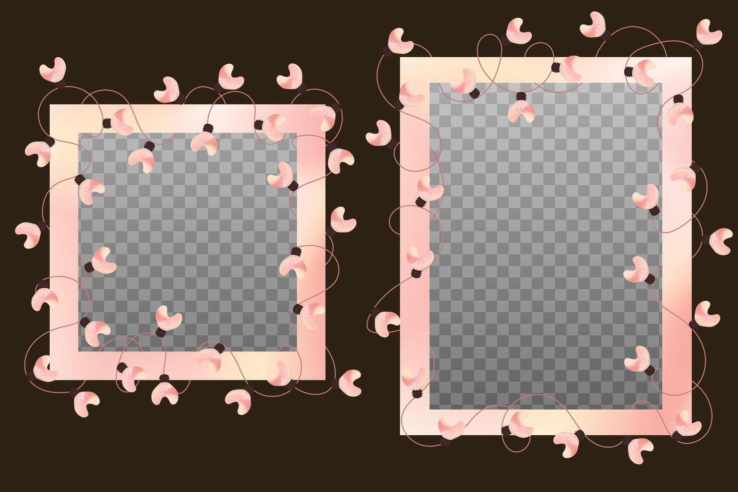 Heart-themed glowing string-light frames for photos or greeting templates. vector