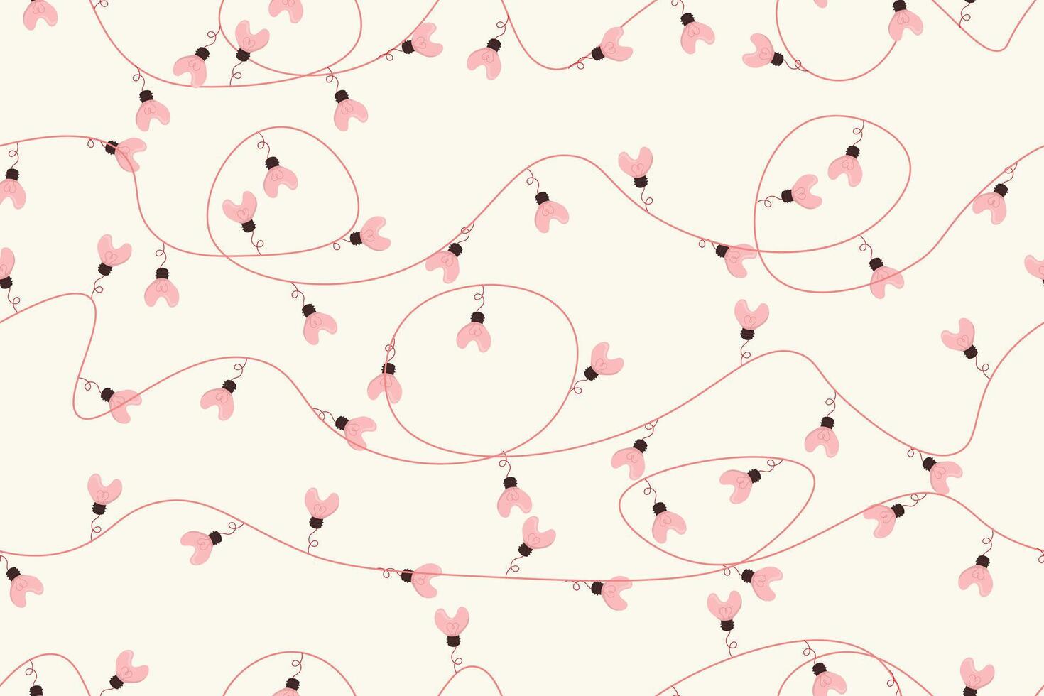 A seamless pattern of glowing string-light hearts in a soft romantic style. vector