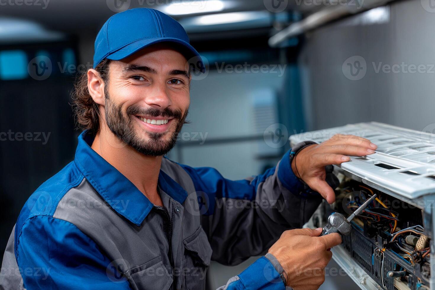 A man works on an air conditioning unit inside a building. He uses tools to fix the equipment and smiles at the camera. The setting has bright lights and a clean workspace photo