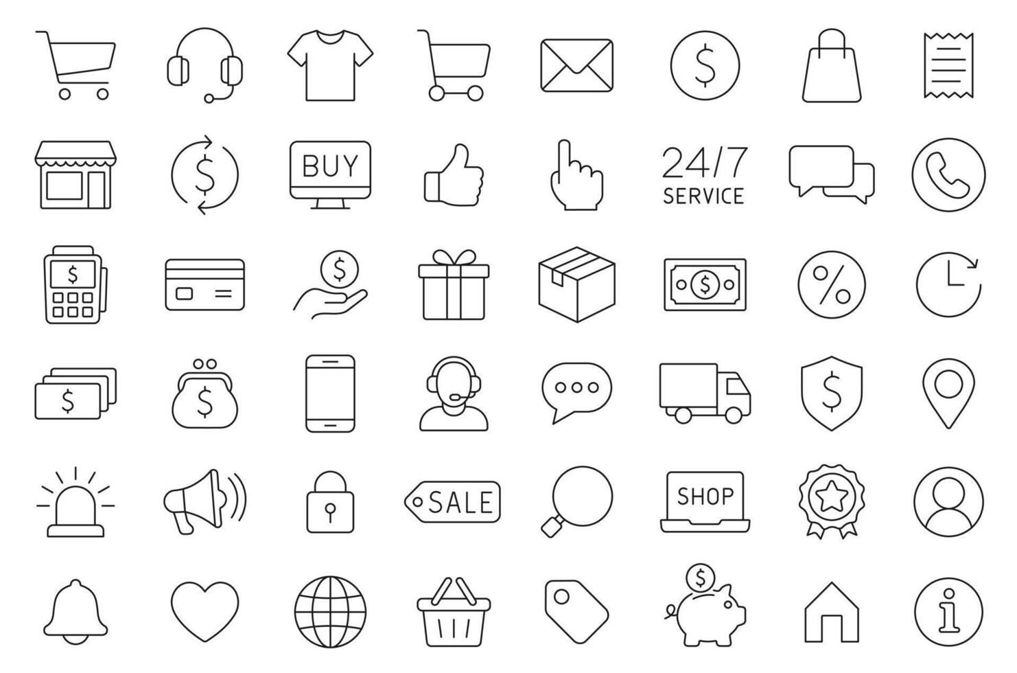 Online Shopping Line Icon Set Offers Clean, Modern, And Editable Stroke Symbols Designed For E-Commerce, Delivery, And Digital Retail Projects, Providing Clear Visuals For Web, Apps. vector