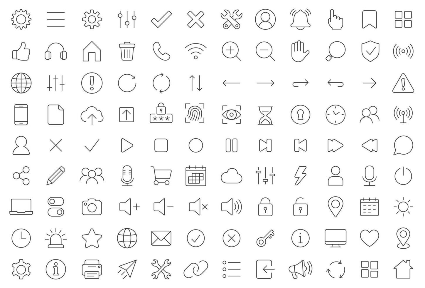Basic UX And UI Line Icon Set. A Collection Of 111 Thin Line Editable Stroke Icons Representing Interface, Navigation, And Interaction Elements. Perfect For Web, App, And Digital Design Projects. vector