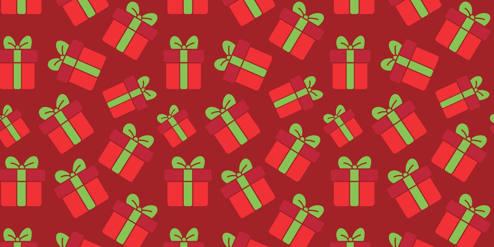 A pattern of scattered red and green gift boxes on a red background. This festive repeating illustration is ideal for holiday wrapping paper vector