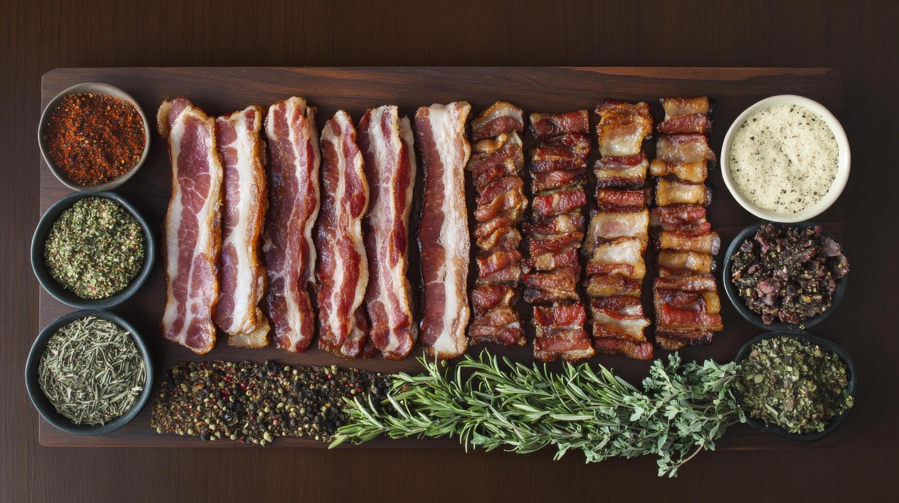 A rustic wooden board displaying a selection of different types of bacon, including thick-cut and flavored varieties, surrounded by fresh photo