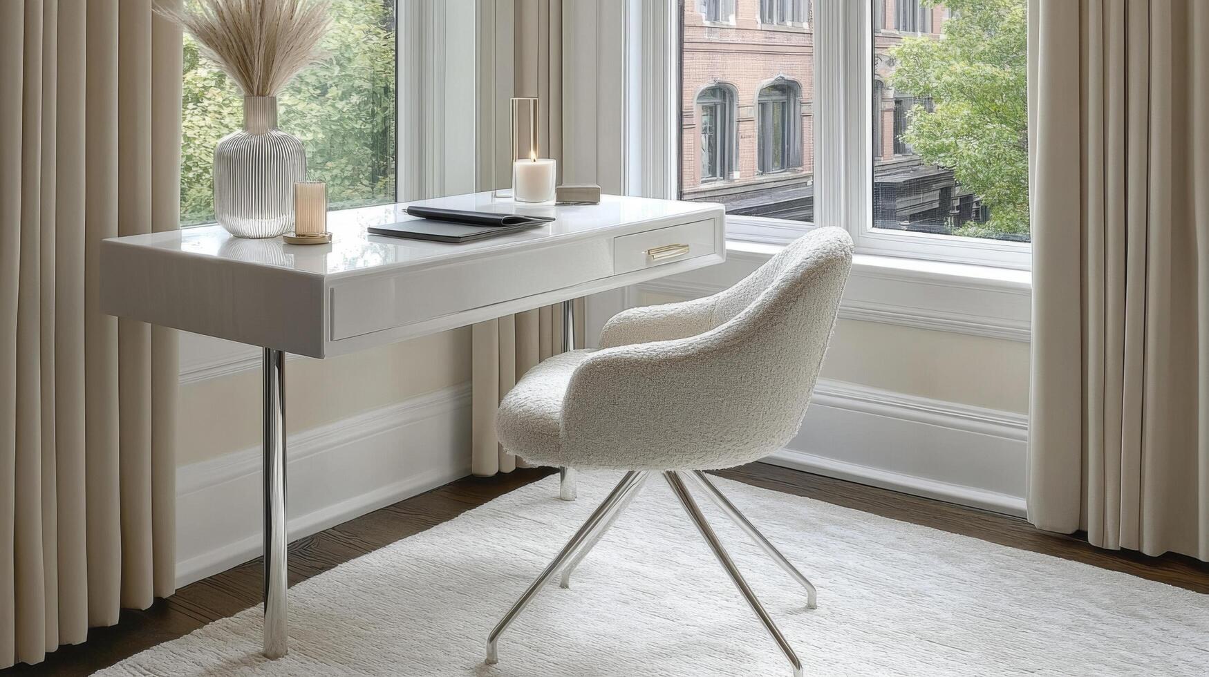 A sleek white desk paired with a modern chair, adorned with a delicate vase and a candle, creating a calm and inviting workspace photo