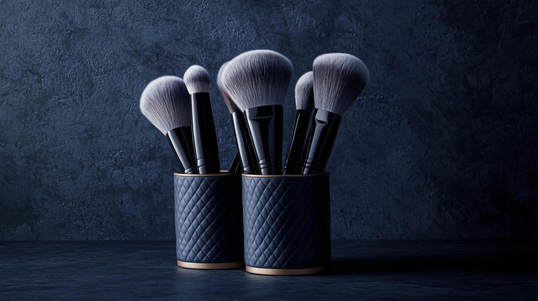 A sophisticated collection of makeup brushes in elegant holders, set against a dark background, showcasing the essential tools for creating photo