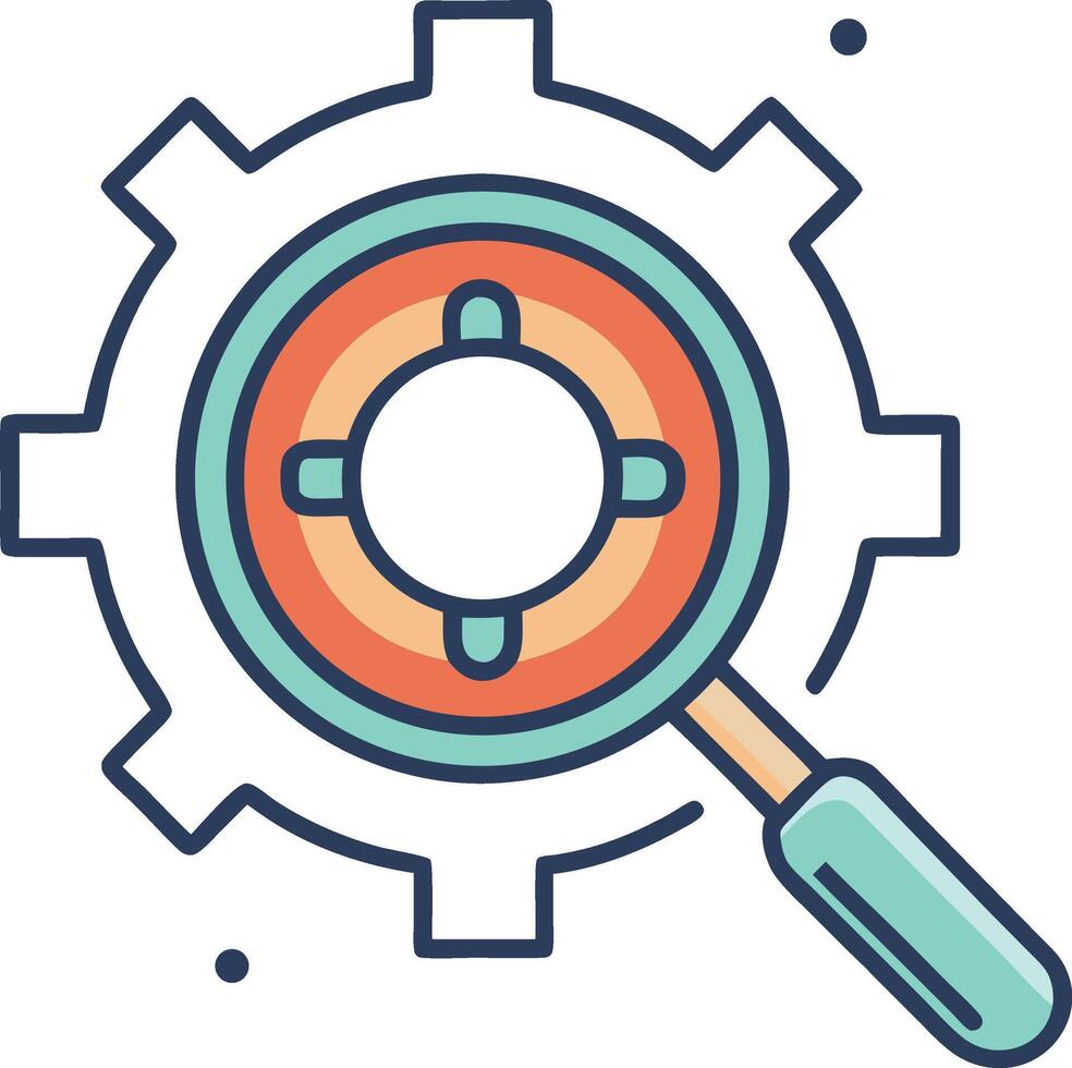 Magnifying Gear Icon Analyzing and Exploring Settings, Solutions, and Strategies for Success vector