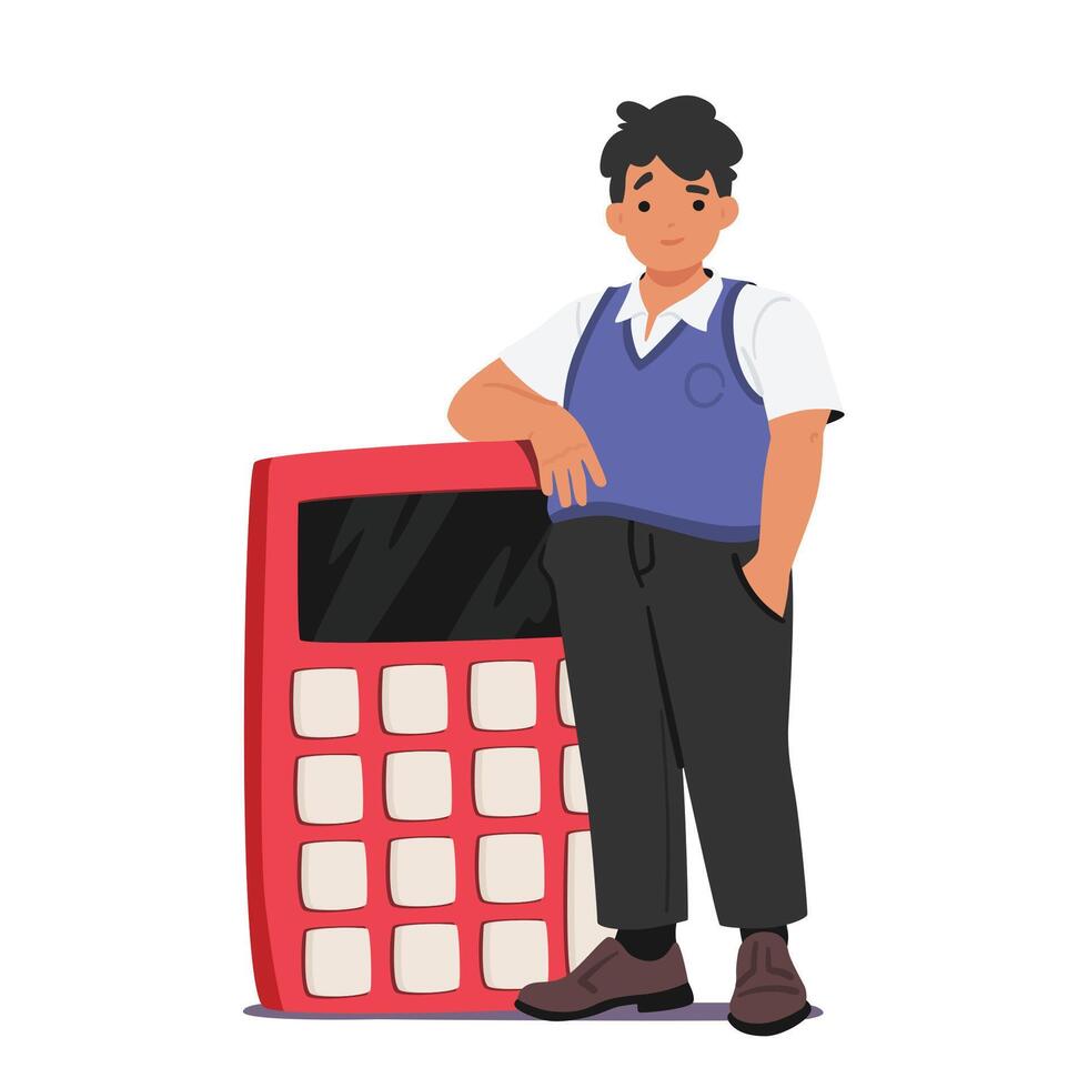 Young Schoolboy Character Diligently Solving Problems With His Oversized Calculator, Showcasing His Commitment vector