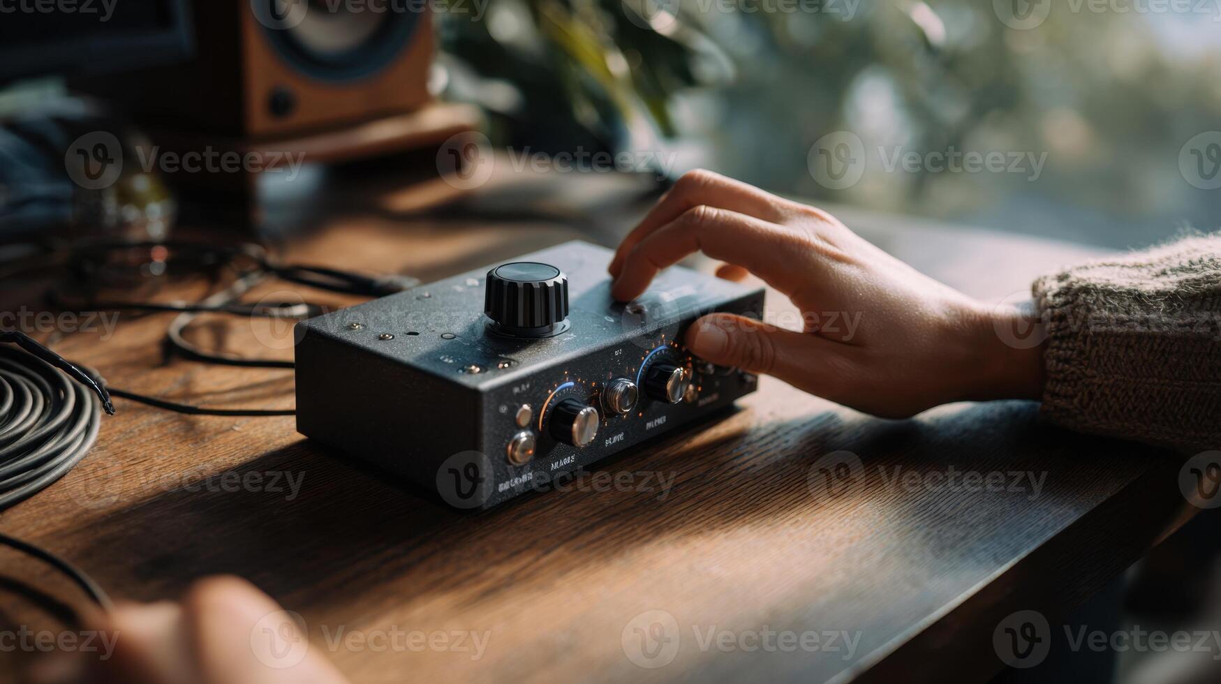 A person is using a microphone on a table photo