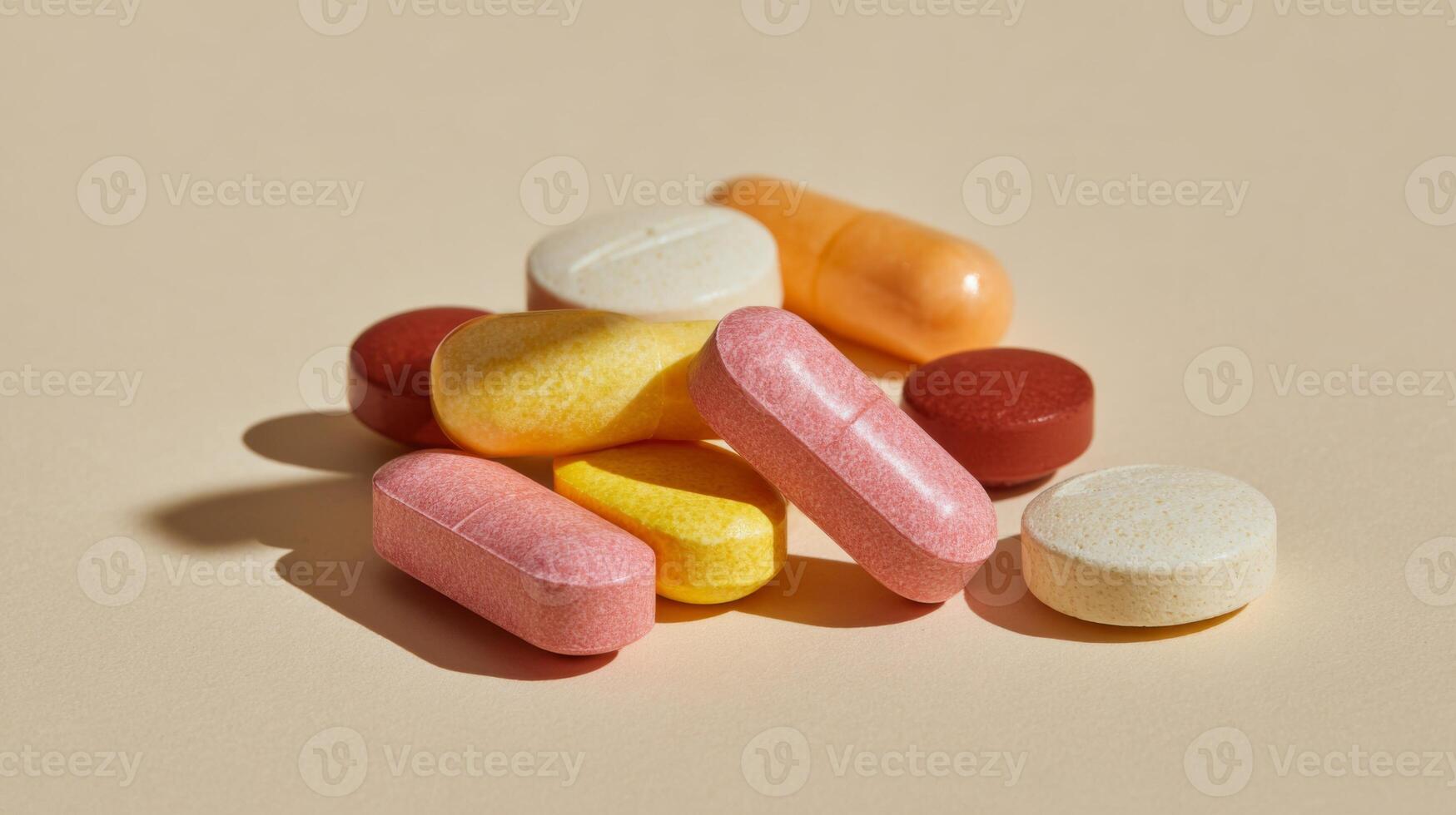 A vibrant assortment of multicolored vitamins and supplements arranged on a soft beige background, showcasing their diverse shapes. photo