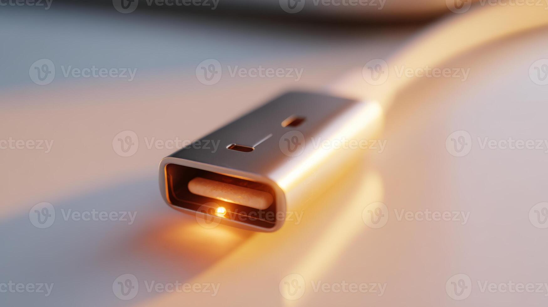 Close-up of a USB-C connector with a glowing LED indicator, showcasing modern technology and design. photo