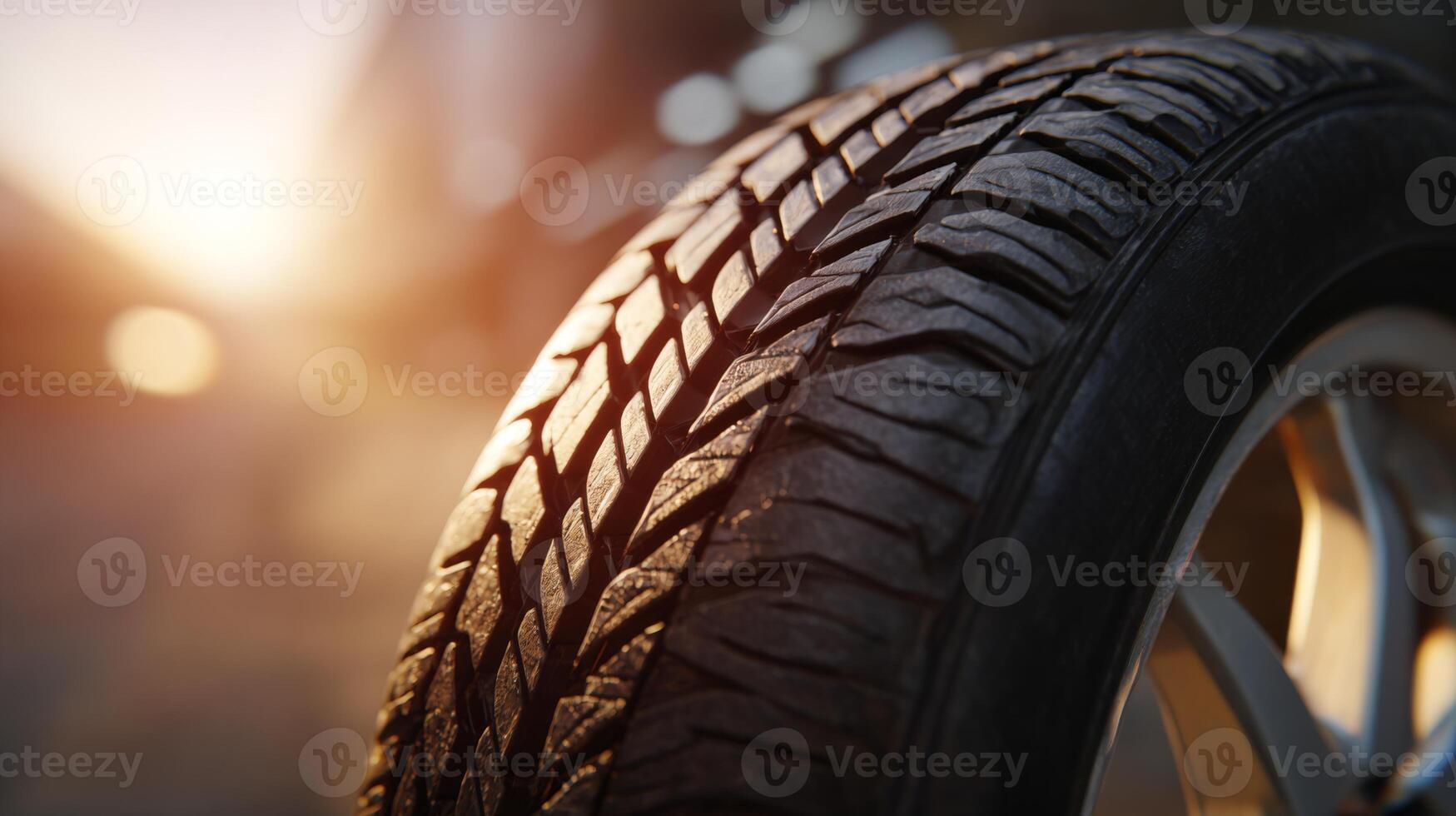 Close-up of a tire showcasing intricate tread patterns illuminated by warm sunlight, enhancing its texture and detail. photo