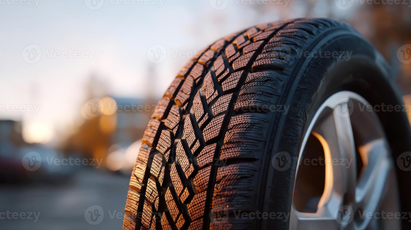 Close-up of a car tire showcasing its tread pattern, illuminated by soft evening light in a blurred urban setting. photo
