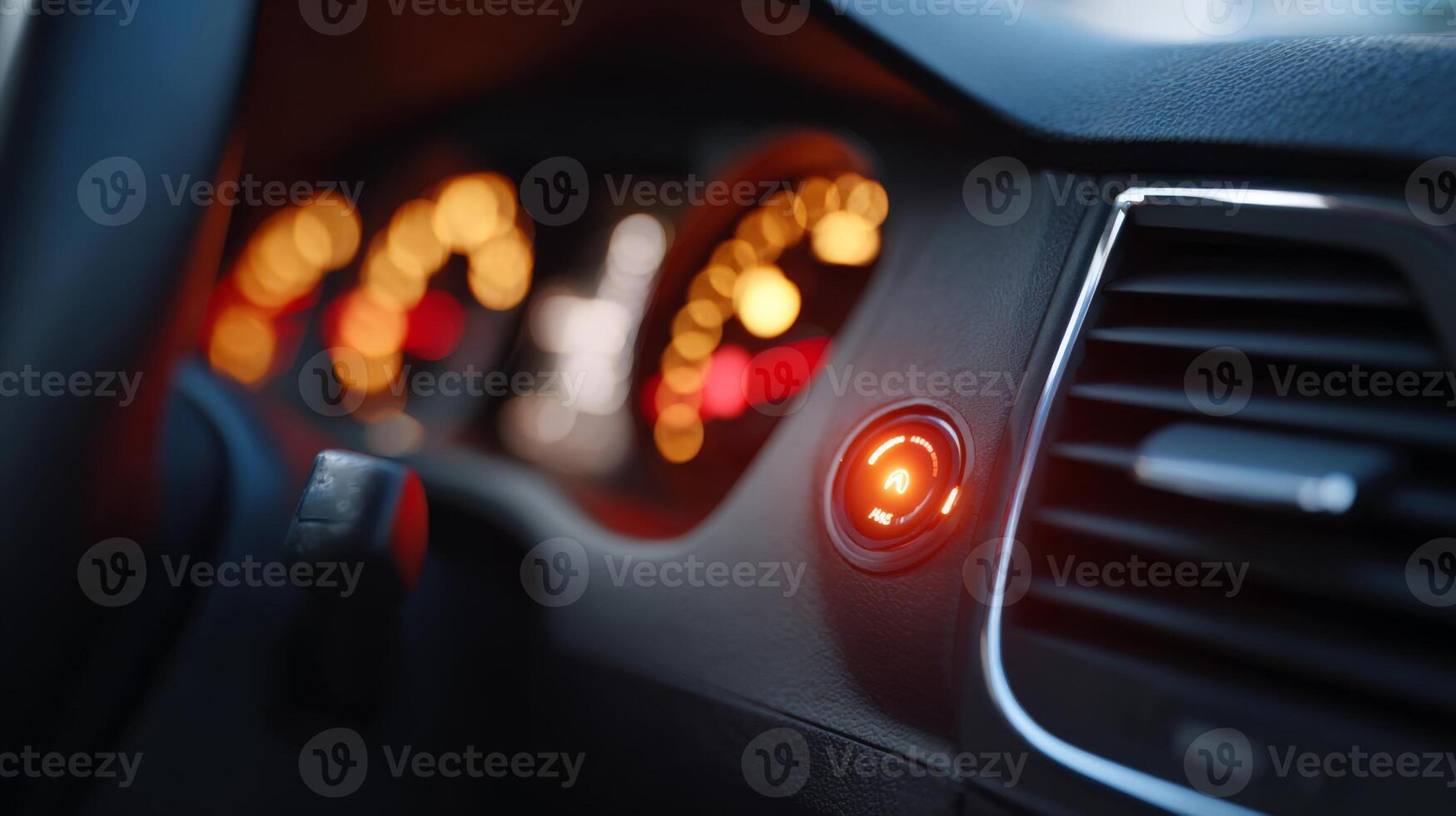 Close-up of a car dashboard with illuminated warning lights and instrument panel, conveying a modern automotive design. photo