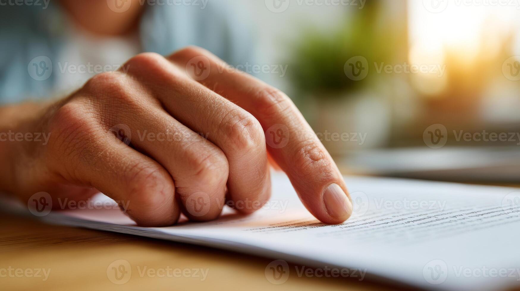 A close-up of a man's hand pointing at text on a document, with soft sunlight illuminating the scene, creating a warm atmosphere. photo