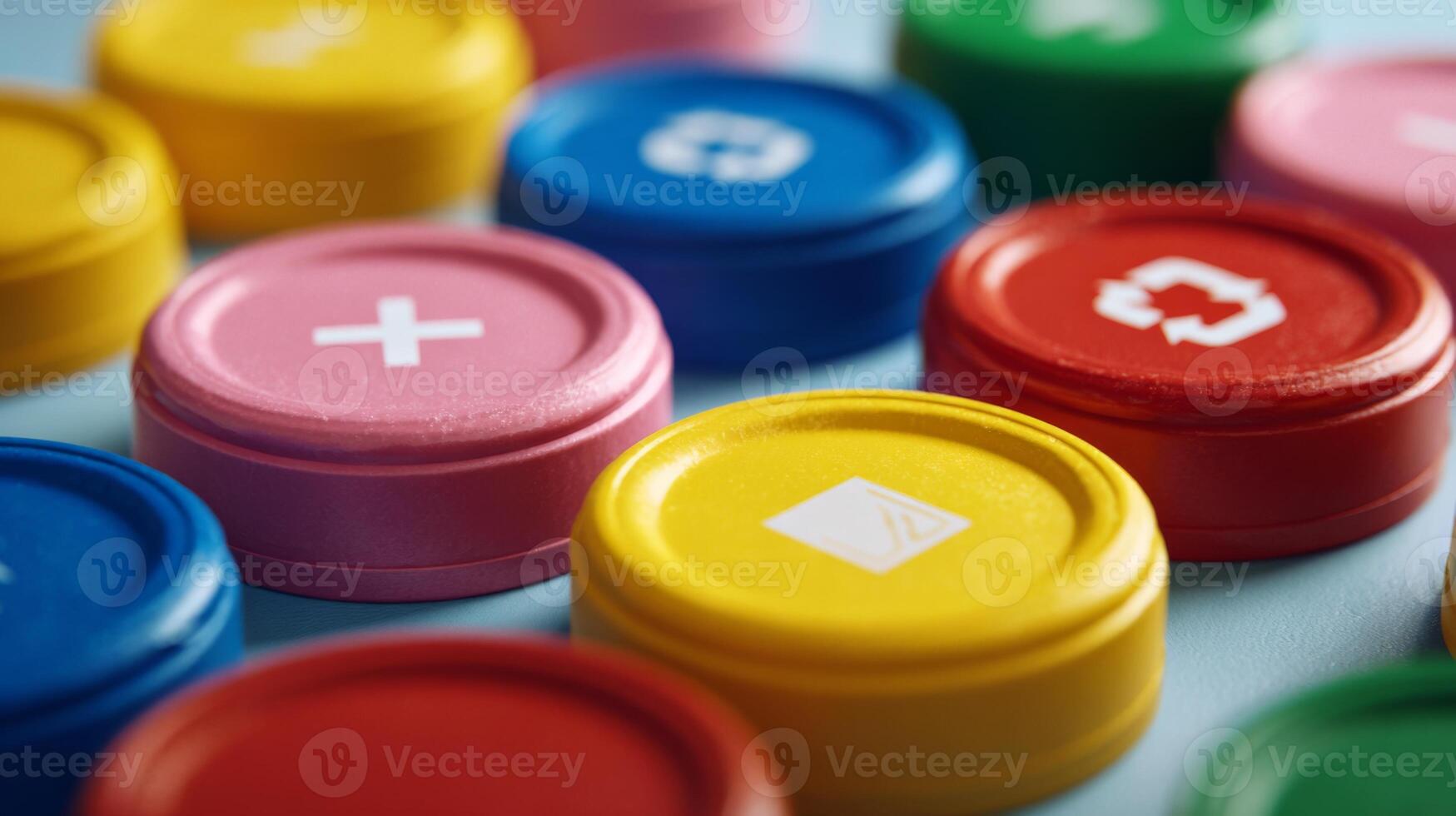 Colorful game tokens in vibrant hues, featuring various symbols for a playful representation of strategy and fun. photo
