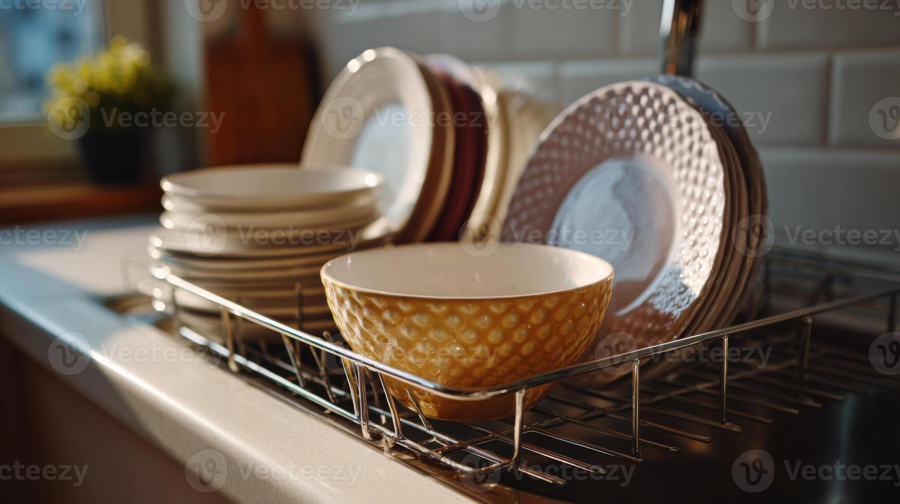 A stunning array of clean dishware, featuring elegant plates and a delicately designed bowl, basking in warm afternoon light. photo