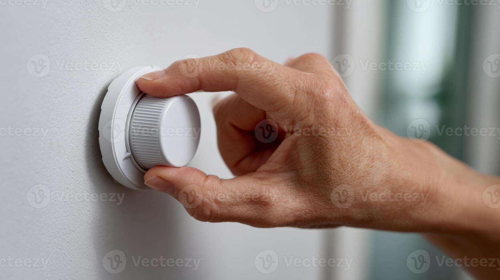 A close-up of a hand adjusting a white thermostat dial on a wall, emphasizing the action of temperature control. photo