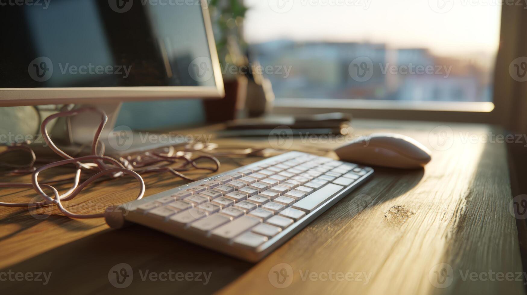 Elegant workspace featuring a modern computer setup with a wooden desk and soft sunlight filtering through the window. photo
