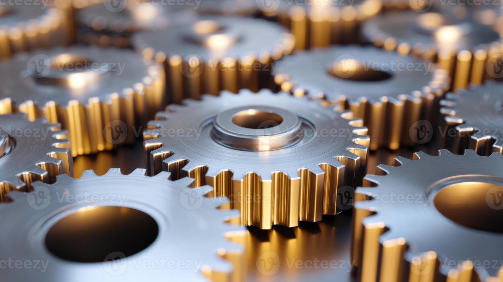 Close-up of interlocking metallic gears showcasing a shiny, industrial design perfect for themes of machinery and engineering. photo