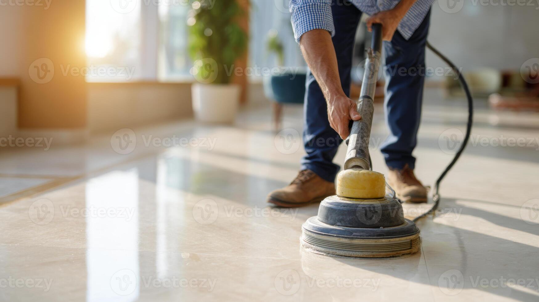 A man in work attire cleans a polished stone floor using a floor buffer, showcasing dedication to maintaining a pristine environment. photo