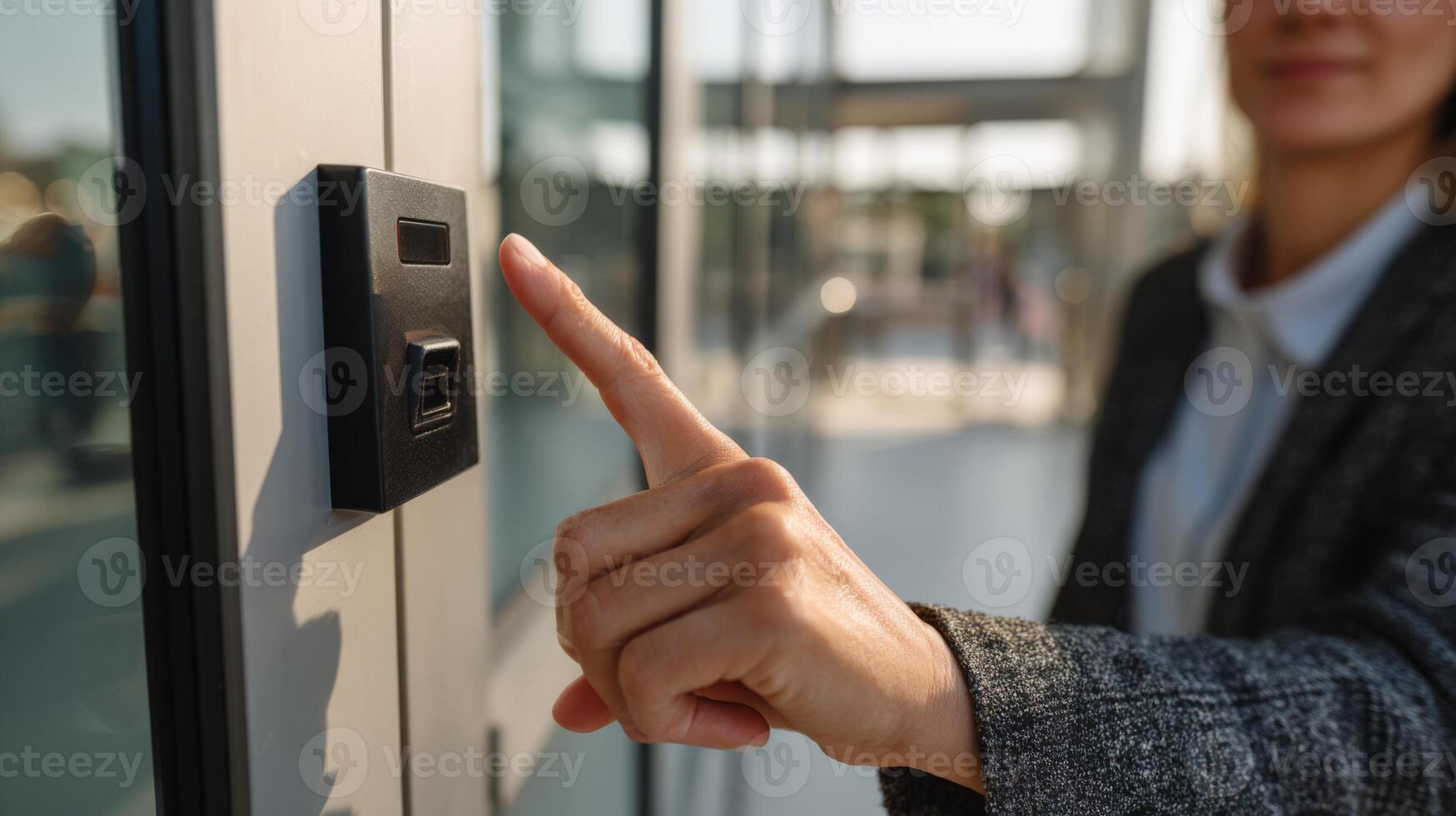 A woman engaging with a modern biometric access control system, showcasing security technology in a sleek office environment. photo