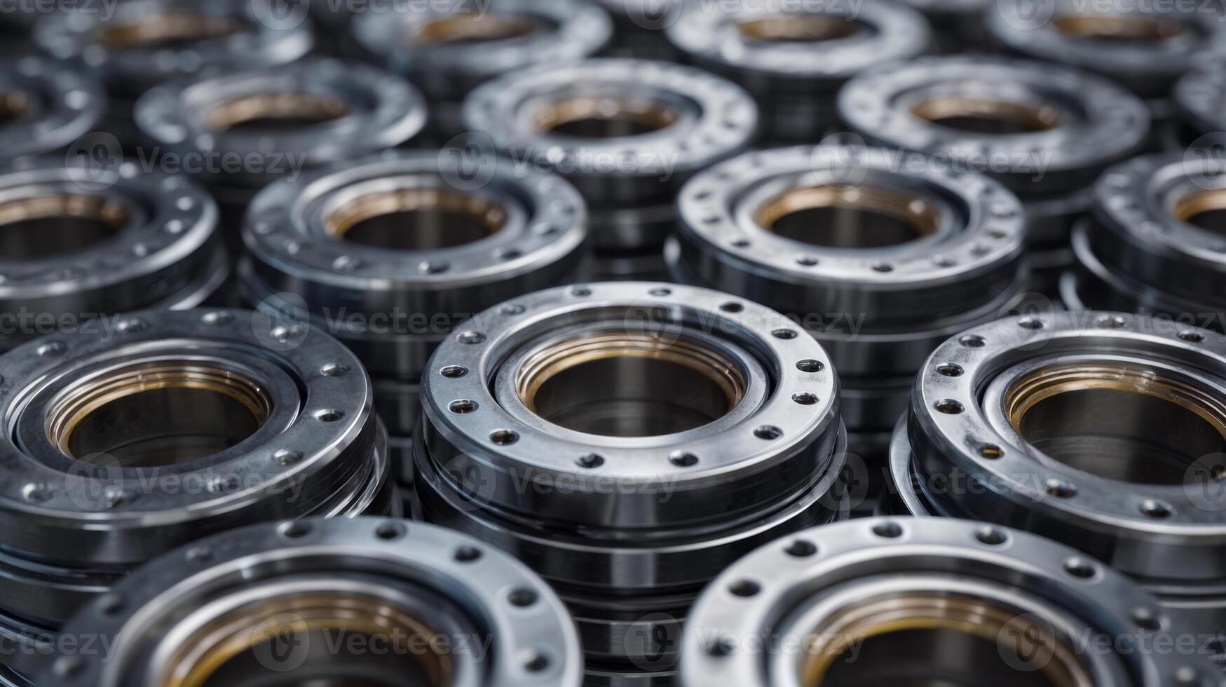 Close-up of precision-engineered metal components arranged in neat rows, showcasing their intricate design and craftsmanship. photo