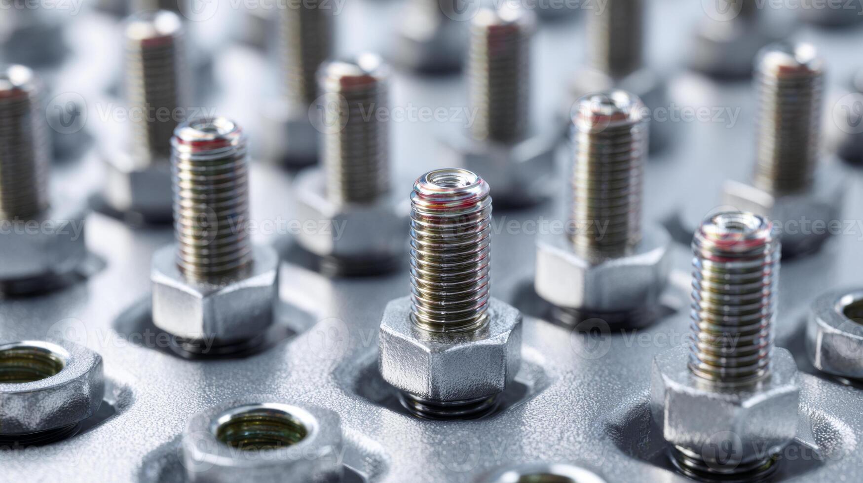 A close-up view of metallic nuts and bolts, showcasing intricate details and textures in a structured layout. photo