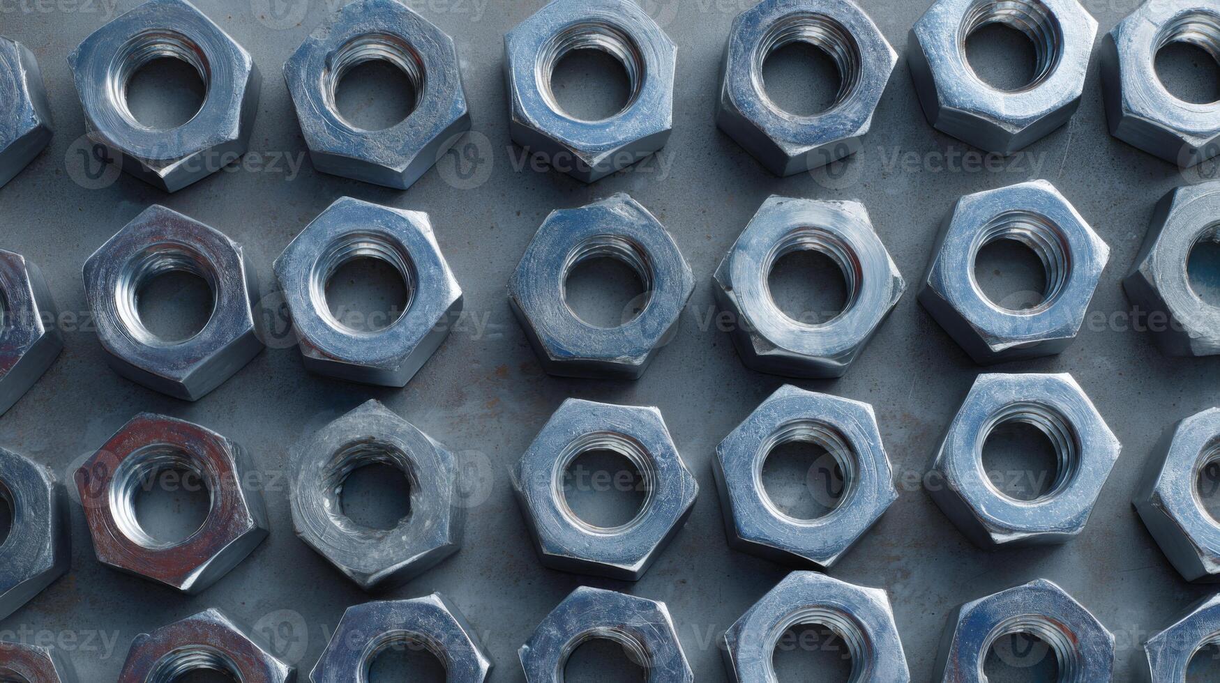 A close-up view of shiny metallic nuts arranged neatly on a textured surface, showcasing their craftsmanship and industrial precision. photo