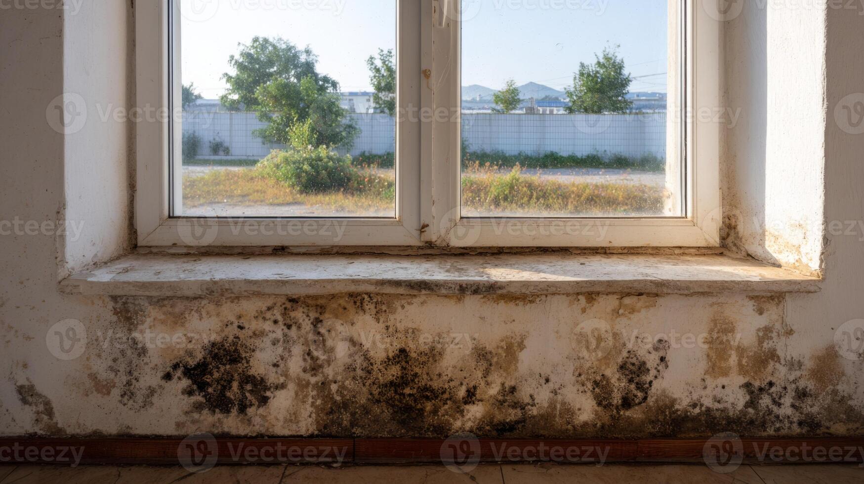 A close-up view of a weathered window with mold on the sill, framed by greenery outside, reflecting neglect and the passage of time. photo