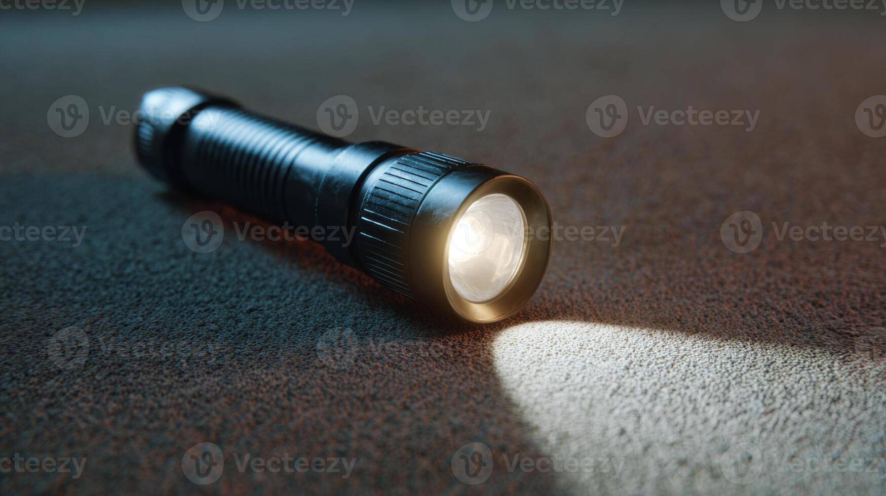 A sleek black flashlight casting a focused beam of light on a textured surface, showcasing its practical design and functionality. photo