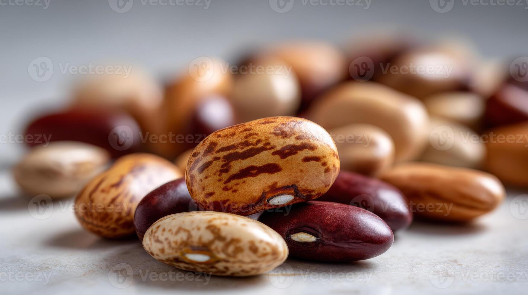 A close-up of assorted beans, showcasing their diverse colors and textures in a soft, warm light. photo