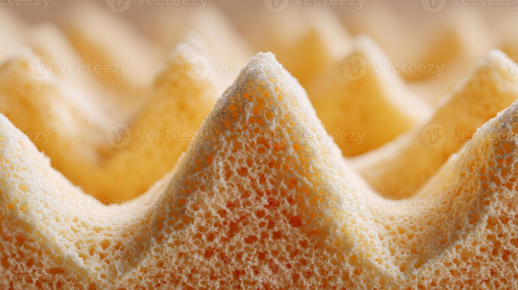 Close-up of a textured yellow sponge with peaks and valleys, showcasing its unique porous structure. photo