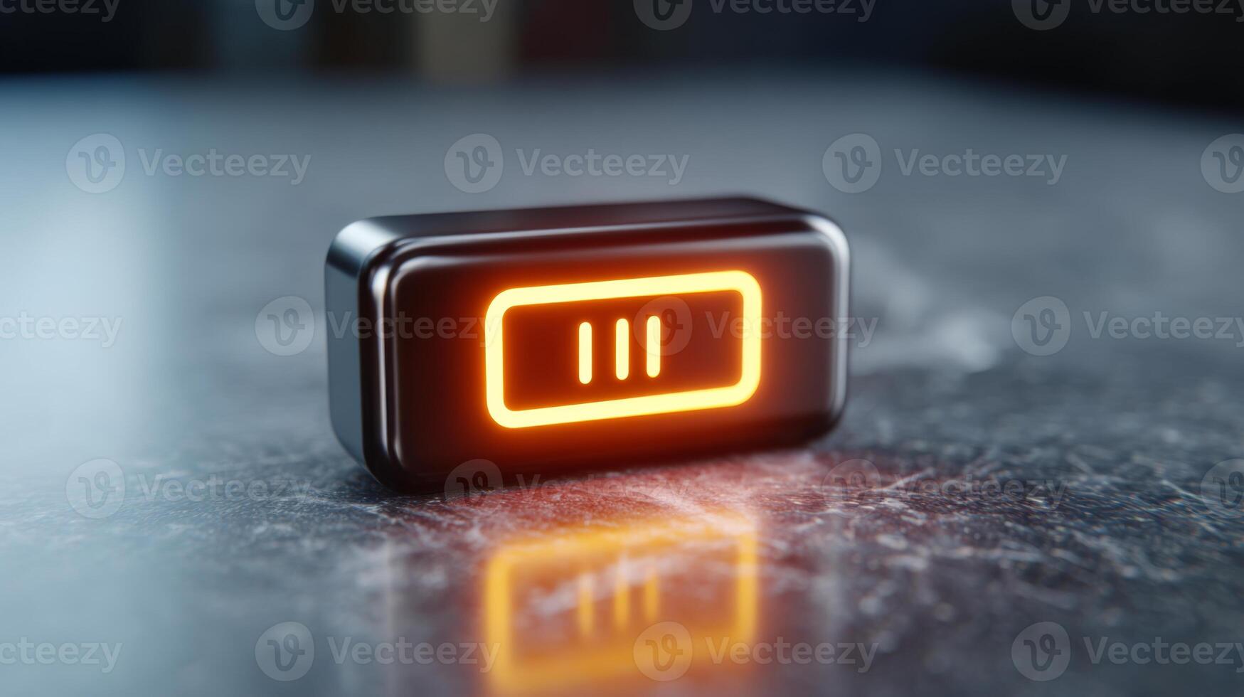 A sleek, modern power bank with an illuminated battery status indicator on a polished surface. photo