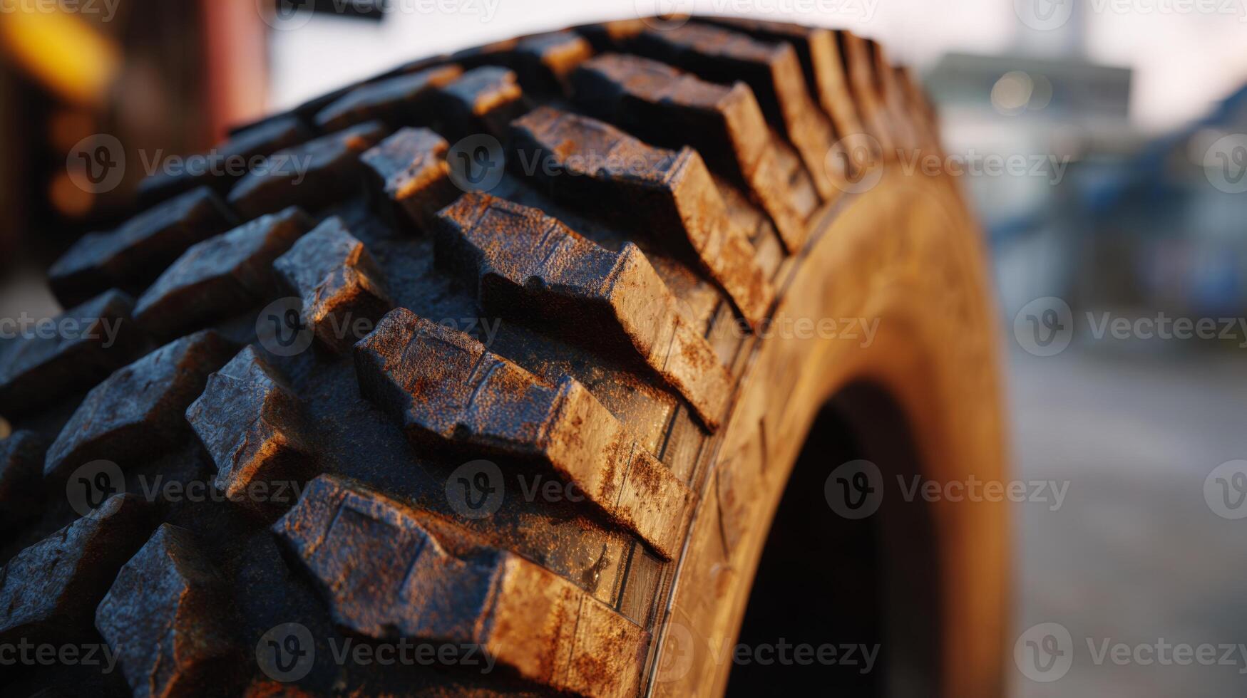 Close-up of a rugged, worn tire showcasing its intricate tread pattern and rust, conveying a sense of durability and strength. photo