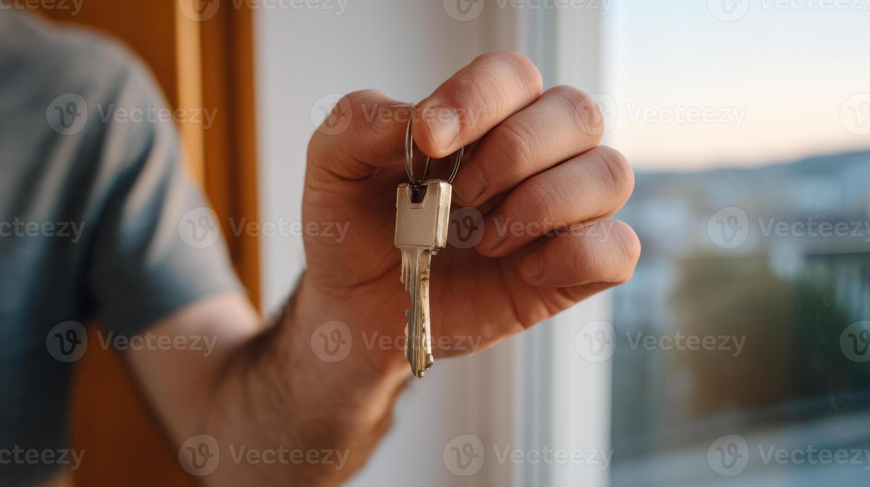 A close-up of a man's hand holding a set of keys, symbolizing new beginnings and opportunities, with a soft sunset glow in the background. photo