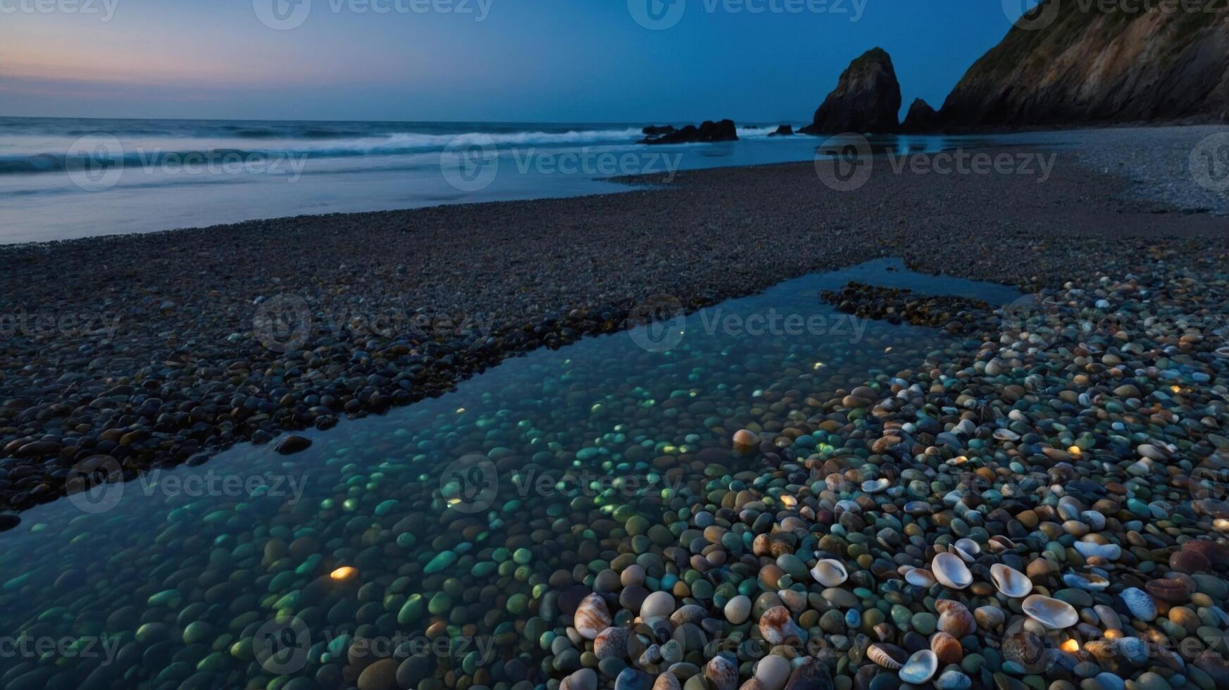 Serene beach at dusk with colorful pebbles and shells in a tidal pool, waves gently lapping photo