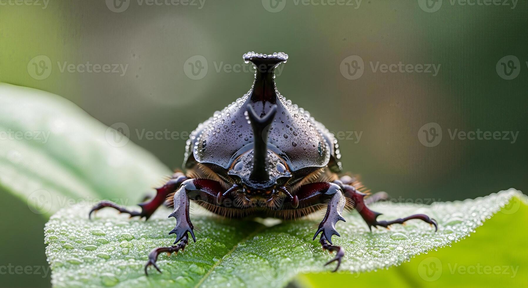 Captivating macro image of a rhinoceros beetle adorned with dewdrops on foliage photo