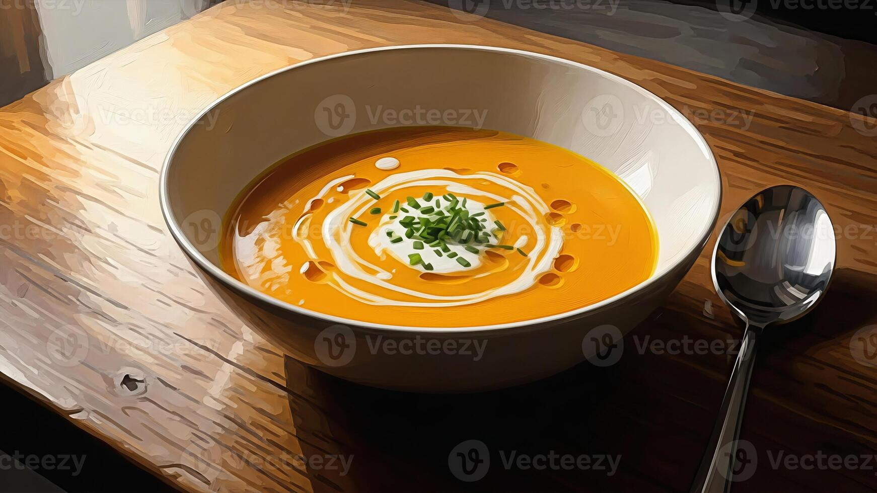 Artistic presentation of creamy pumpkin soup served in a stylish setting enhanced with toppings photo