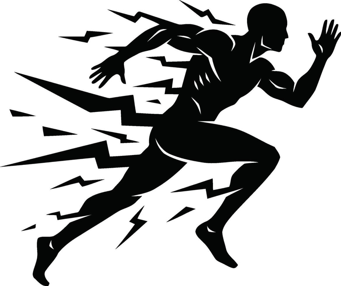Silhouette of a dynamic runner with a lightning bolt effect, symbolizing speed and energy vector