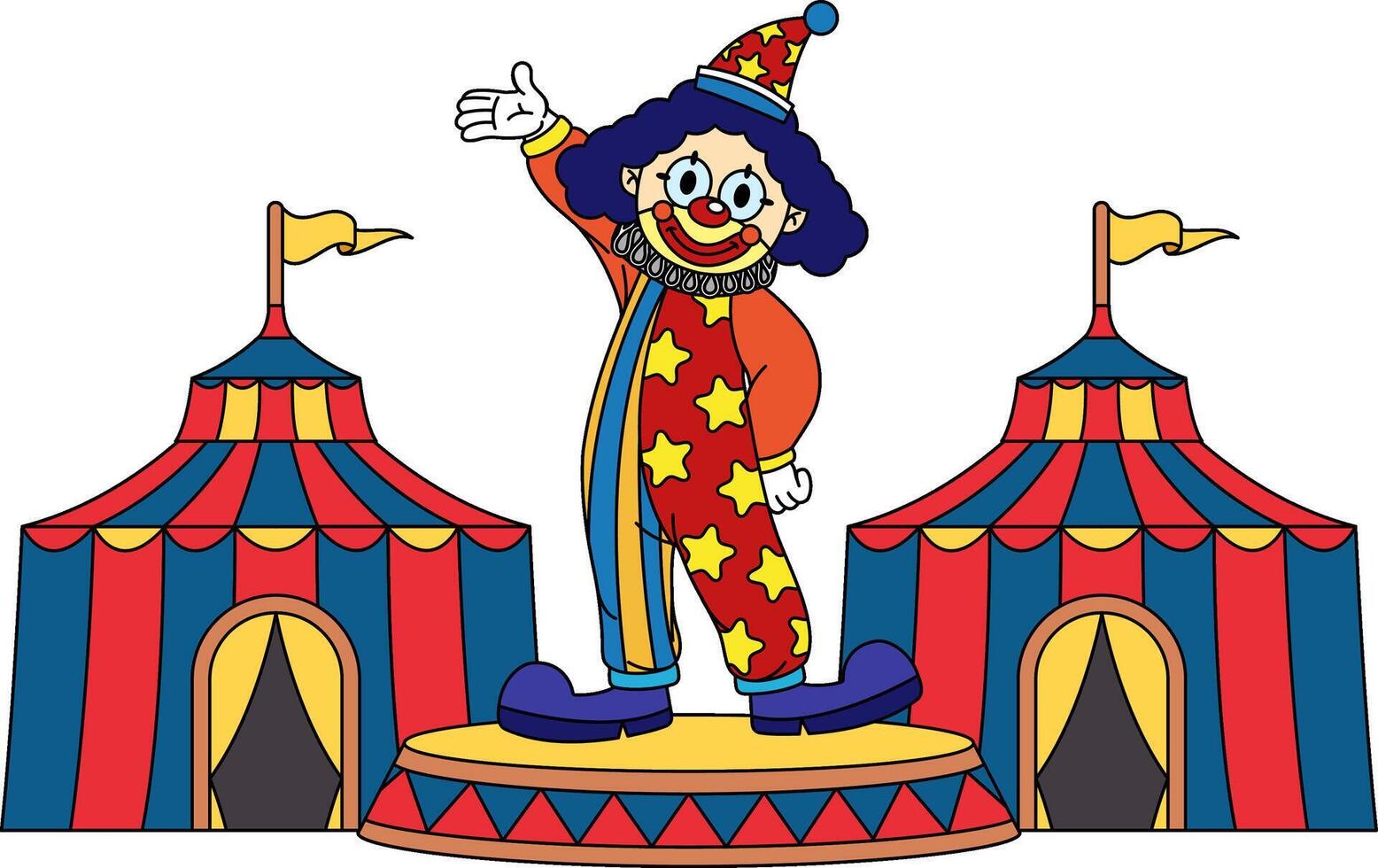 A clown stands on a stage in front of a circus tent vector